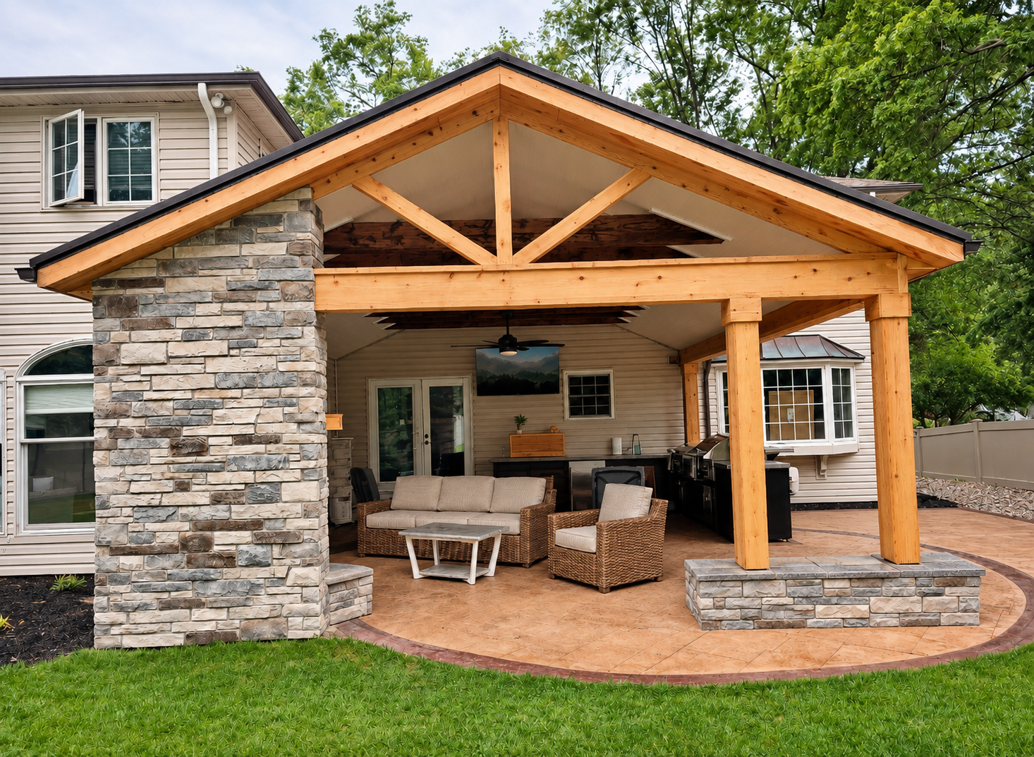 Sample luxury timber pavilion with an outdoor kitchen at sunset